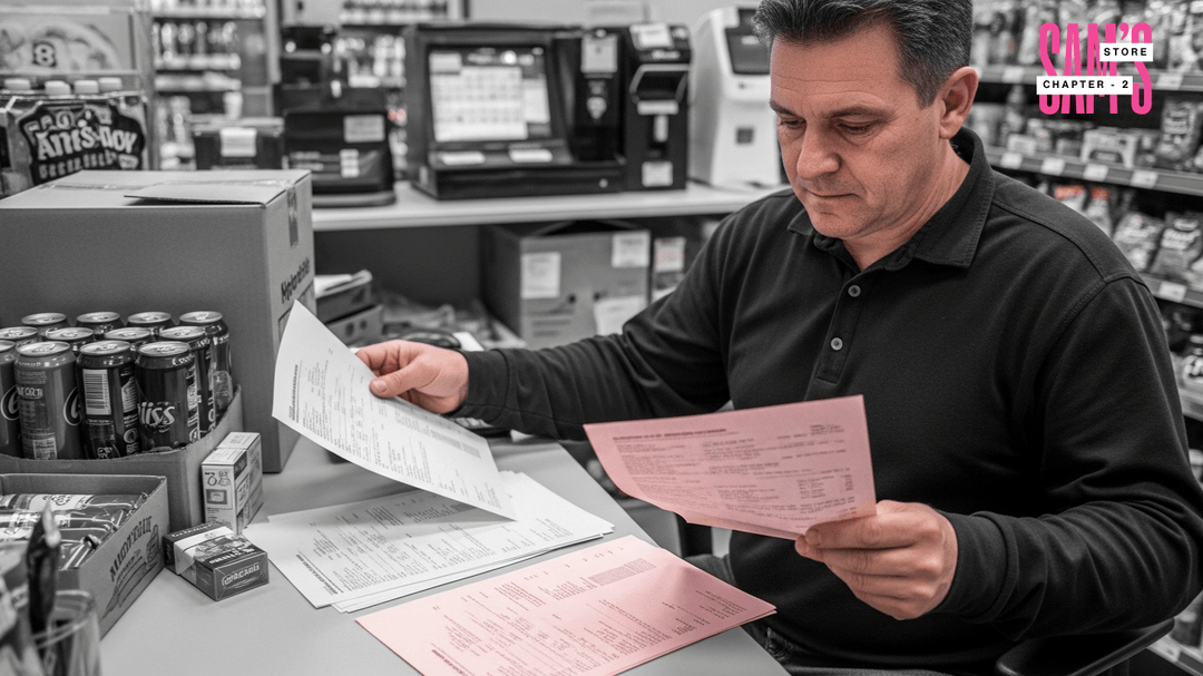 Convenience store owner reviewing supplier invoices in gas station back office