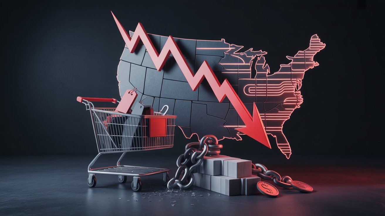 A dark, dramatic thumbnail showing a crumbling shopping cart, a plunging red graph arrow, and a chained stack of import boxes against a black background, symbolizing rising prices and trade restrictions caused by US tariffs.